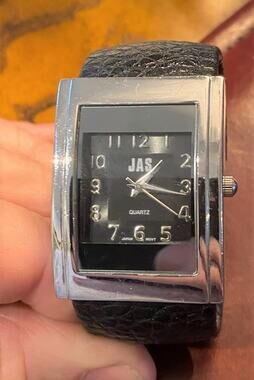 Women's JAS Silver Tone Watch, Black Leather Wrapped Band and Face